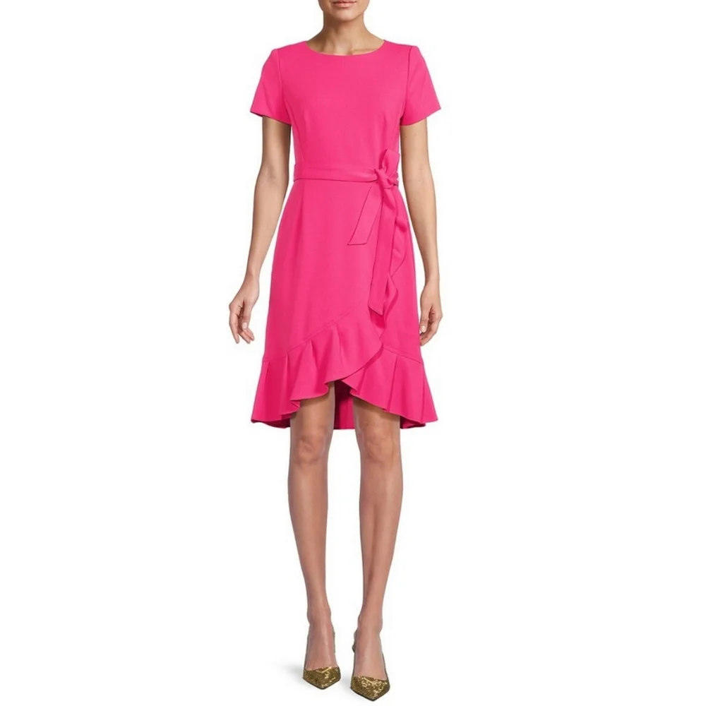 CALVIN KLEIN Ruffle Hem Belted Petite Dress Womens size 0 - Picture 2 of 7